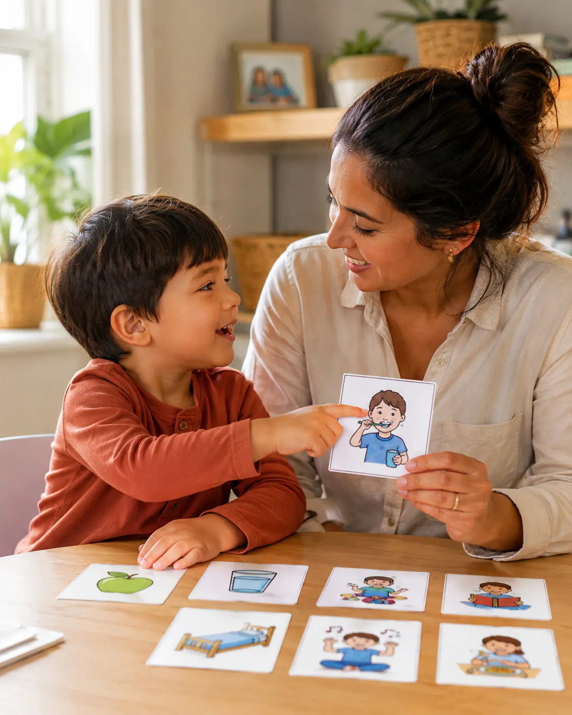 Adulto acompañando a un niño con recursos visuales, pictogramas y rutinas